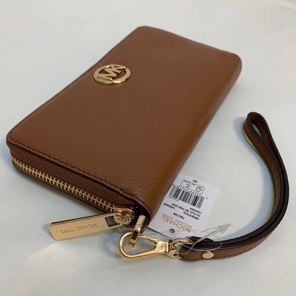 SOLD! MICHAEL KORS FULTON Large Phone Wristlet Wallet Acorn Brown Leather NWT - Picture 9 of 11